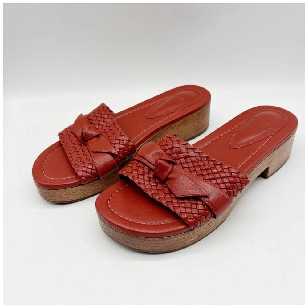 Alexandre Birman Sandals Women 37 Red Woven Leather Knot Wood Platform Slides